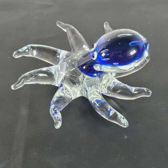 Handmade Handblown Clear/Cobalt Blue Art Glass Octopus Figurine Paperweight - Picture 10 of 12